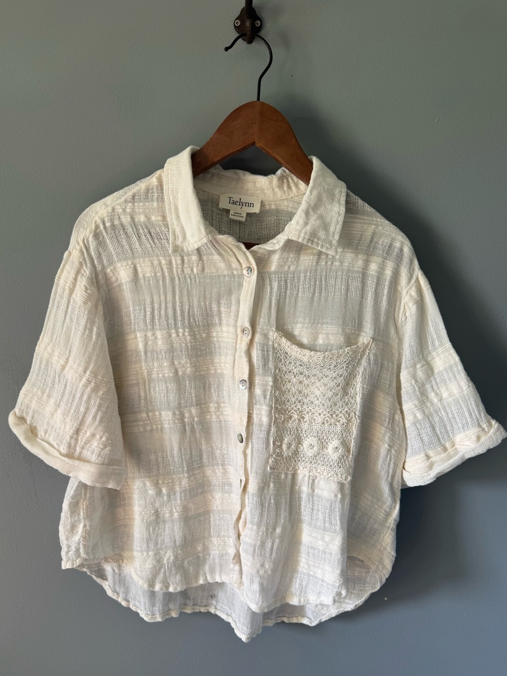 Taelynn button down crochet lace pocket  gauze